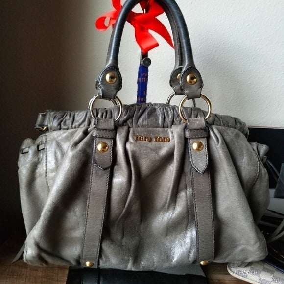 Miu Miu Small Bow Bag In Greyish Blue, Luxury, Bags & Wallets on Carousell