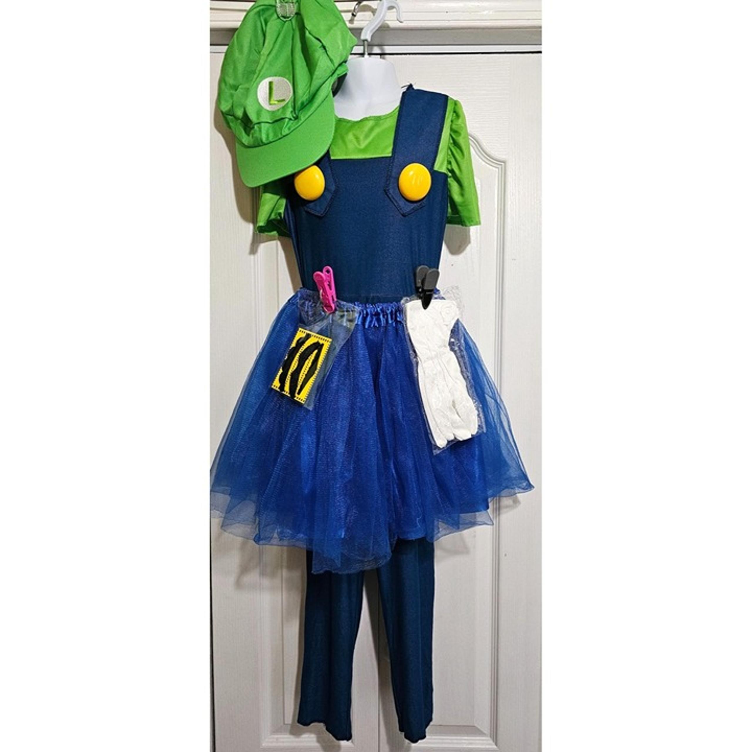 Girls Luigi Costume 7-8 Super Mario Tutu Hat Mustache Gloves Halloween Kids