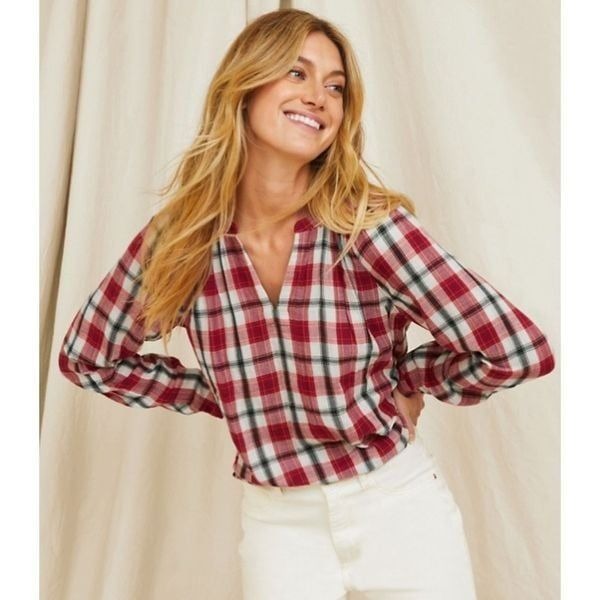 Garnet Hill Organic-Cotton Plaid Popover Size NWT Red Black Cream Small