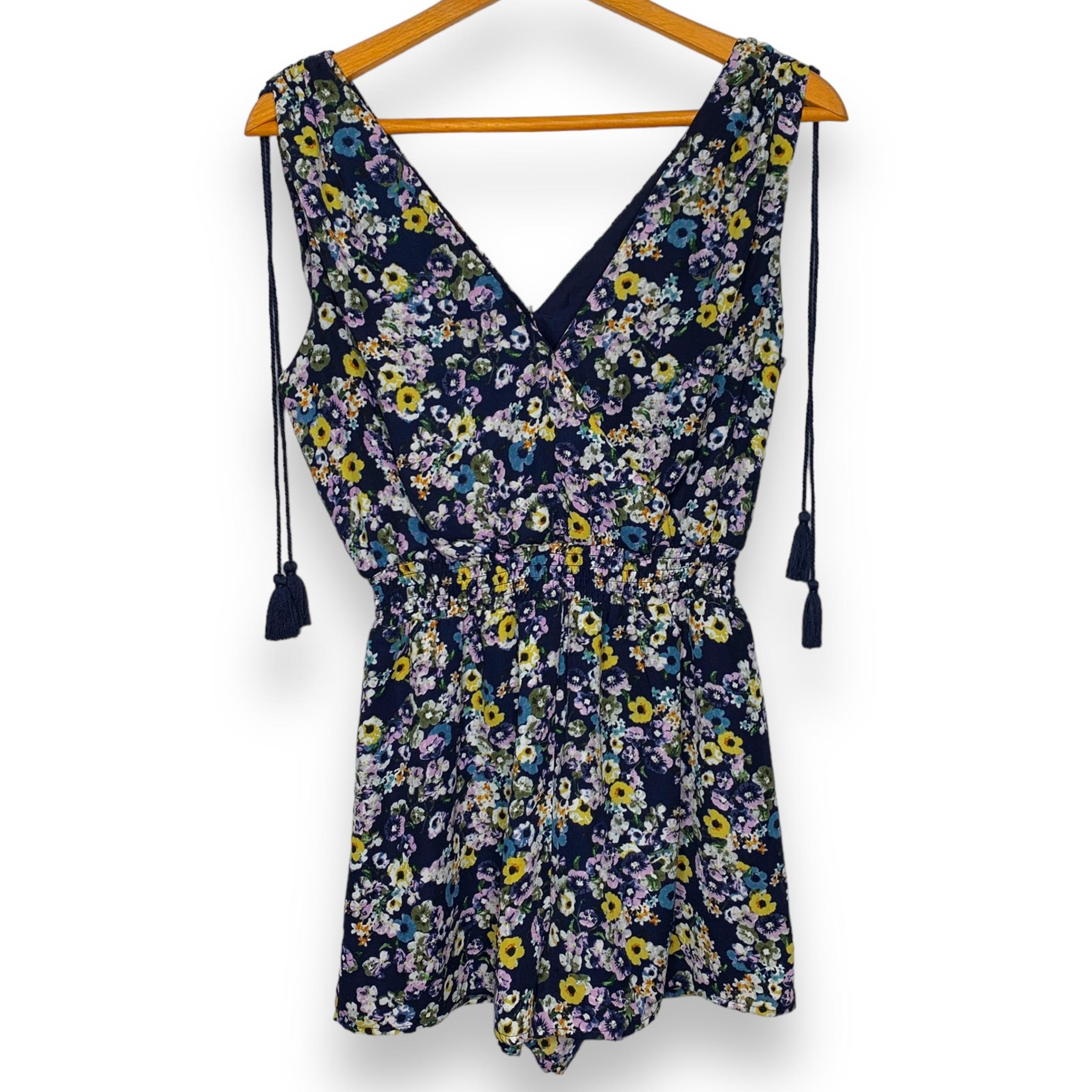 Cupcakes & Cashmere women's blue floral Meadow wrap style tassel romper Small