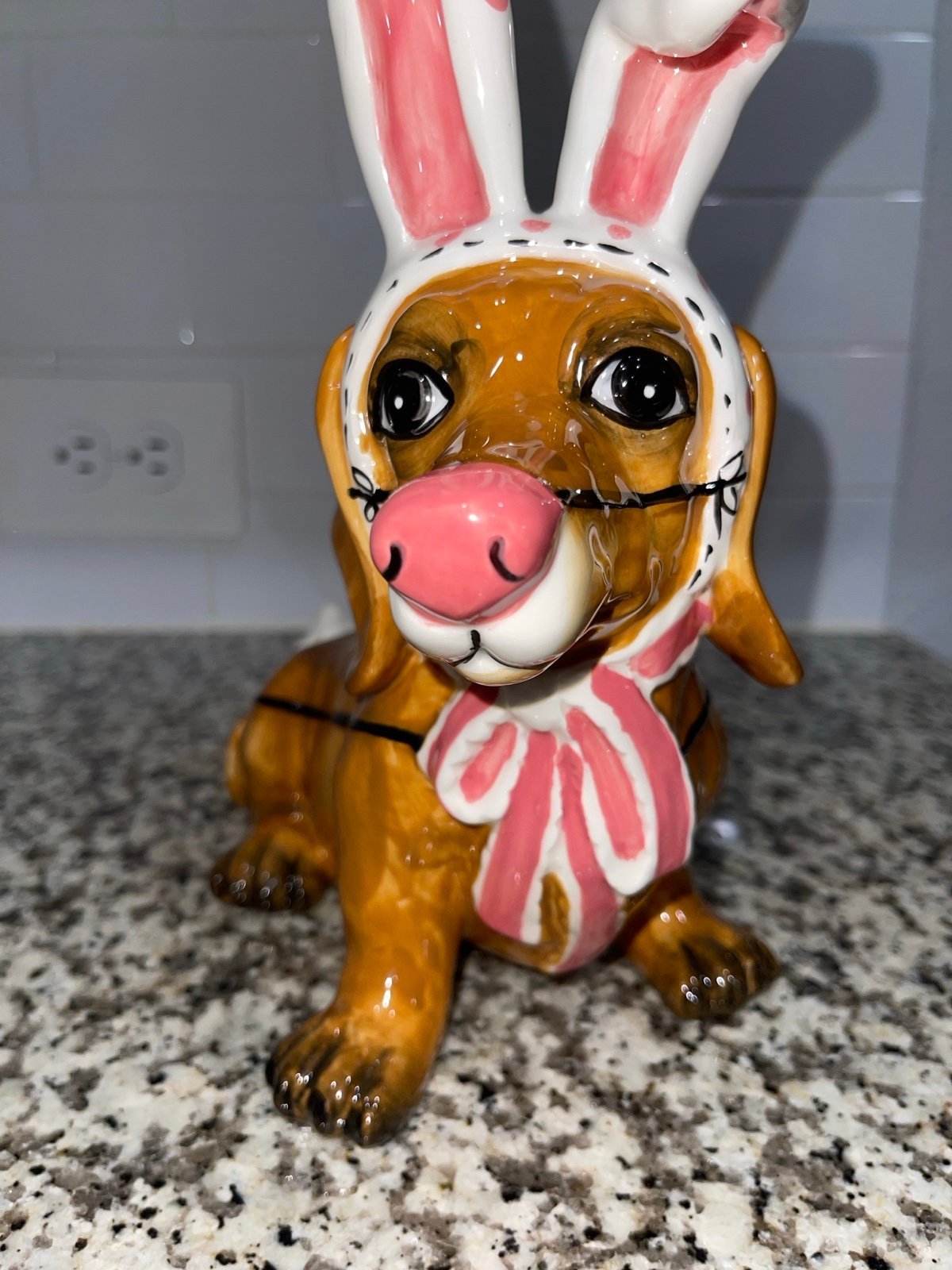 Blue sky Easter dachshund with bunny ears