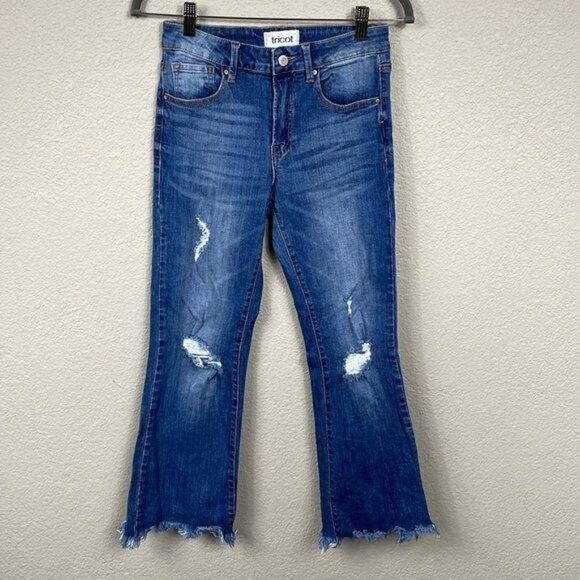 Tricot by C’est Toi Flare Fringe Raw Hem Jeans Distressed Crop Festival Sz 25