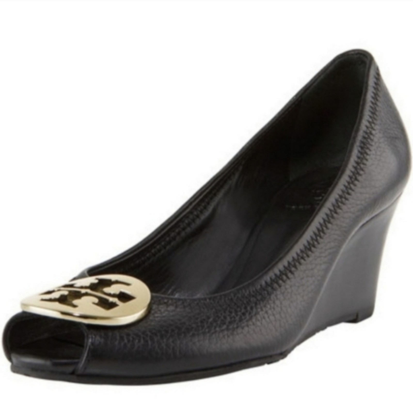 Tory Burch Sally 2 Black Leather Peep Toe Wedges Heels Size 7.5