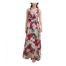 Calvin Klein Pink Floral V-Neck Pleated Chiffon Maxi Dress
