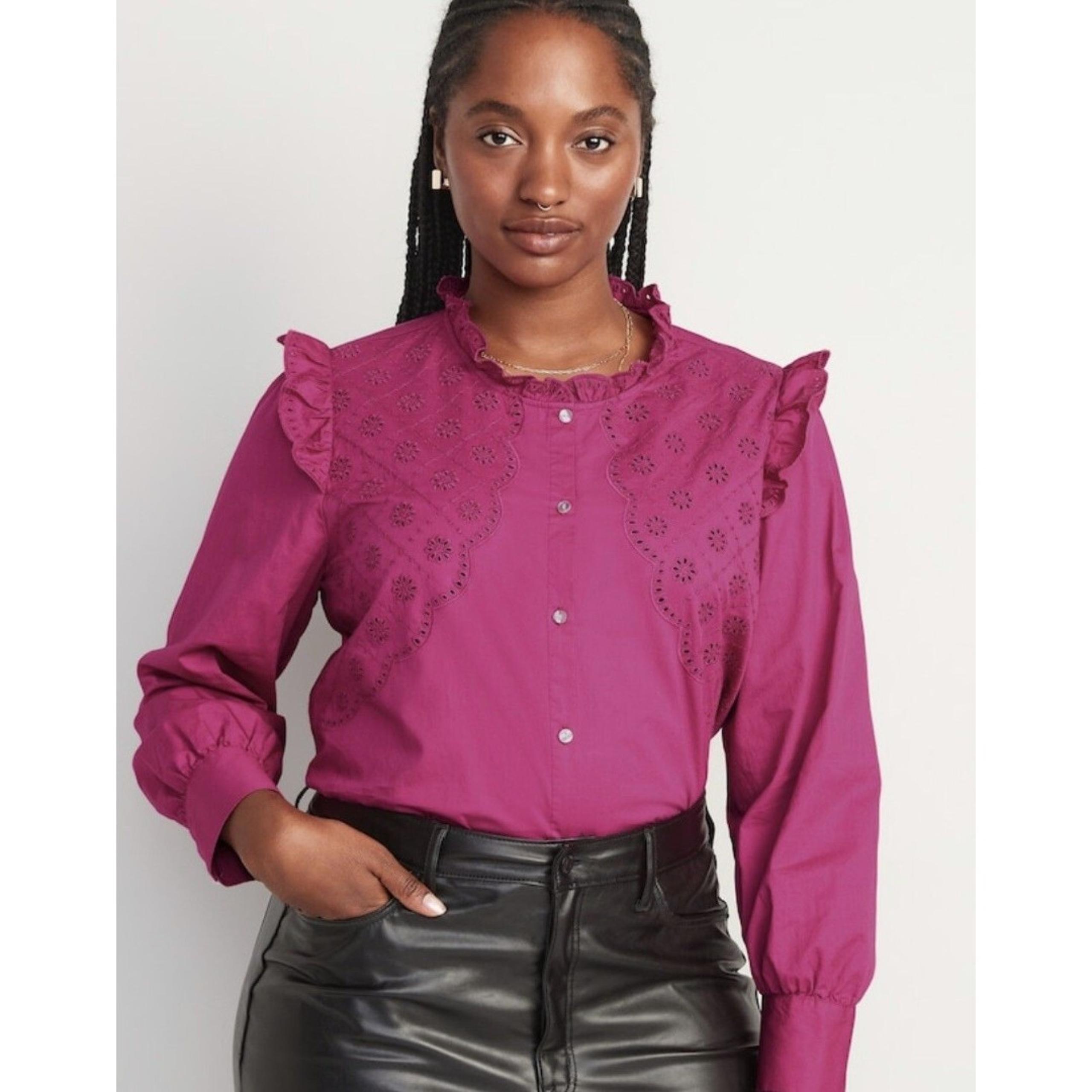 NWT Old Navy Pink Top Women's Size L Ruffle Trimmed Embroidered Button Shirt