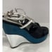 Auth Louis Vuitton Black Satin Silver Leather Teal Suede Wedge Heels EU 38 US 8