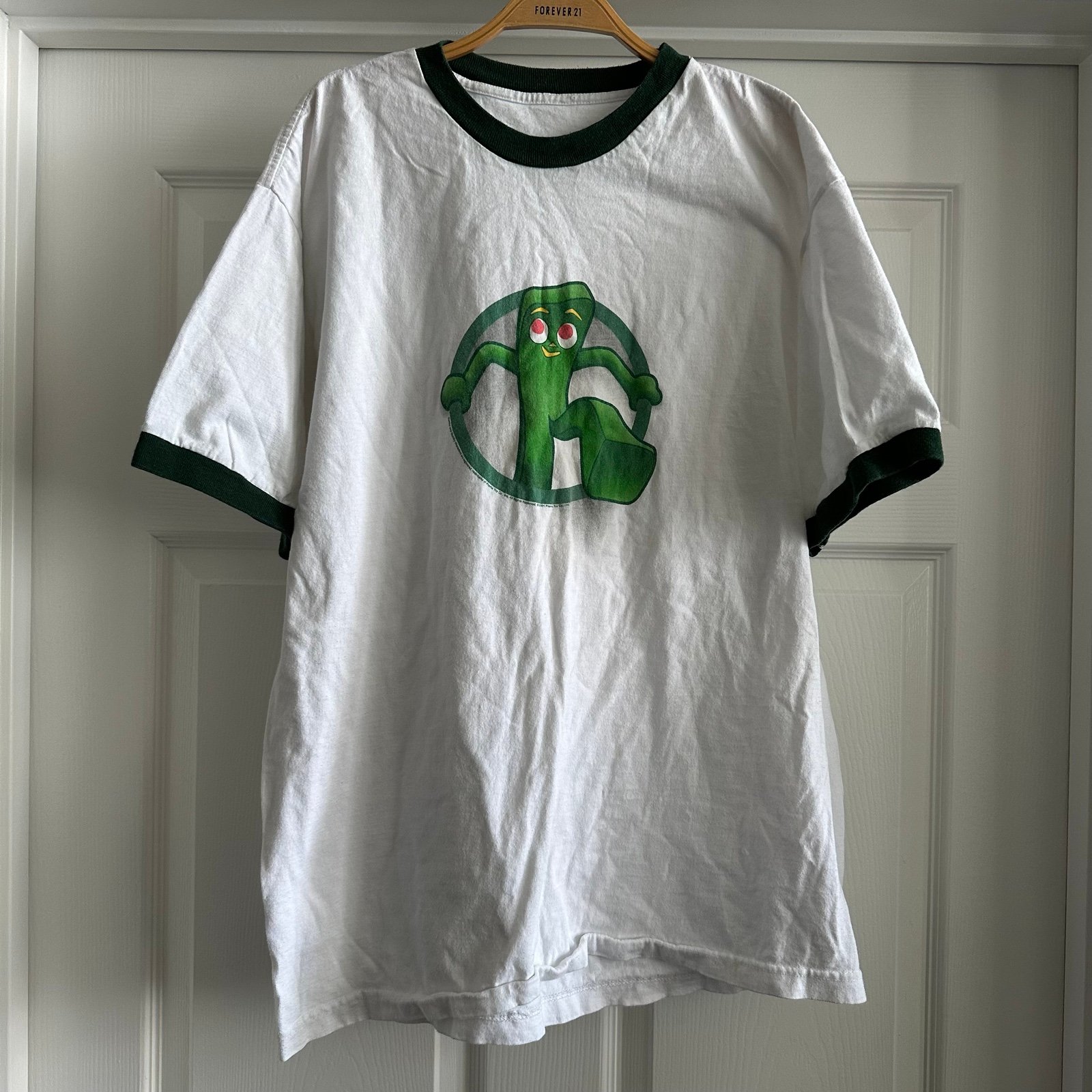 Vintage 2001 Gumby T Shirt Ringer White Green Graphic Y2K Single Stitch Large