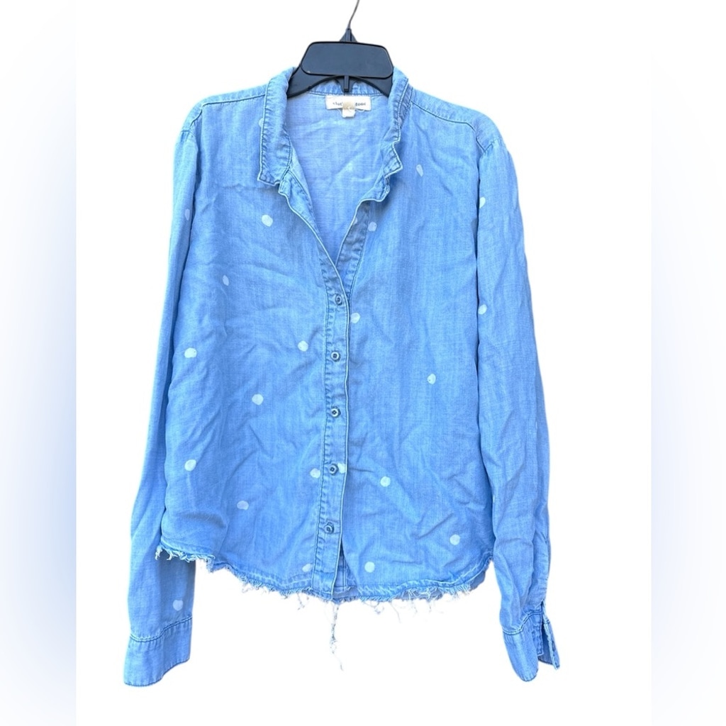 Anthropologie Cloth & Stone Polka Dot Fray Hem Button Up Shirt Size Medium