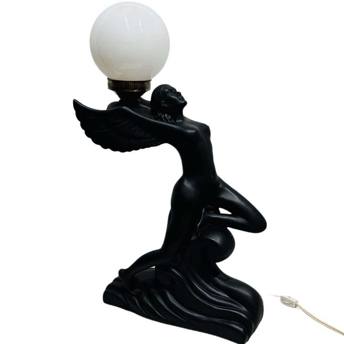 Vintage 23” Large Art Deco Nude Female Angel w/ Wings Lamp & Glass Sphere Globe