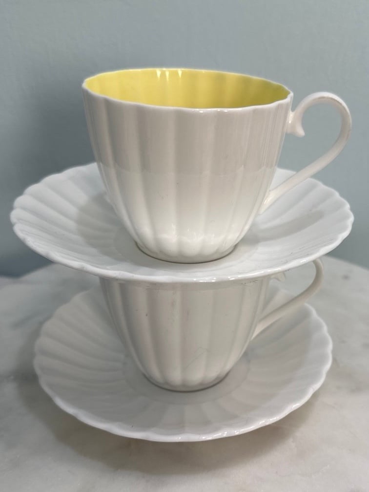RARE Bone China Susie Cooper Teacups & Saucers Set of 2 White & Yellow 1950’s