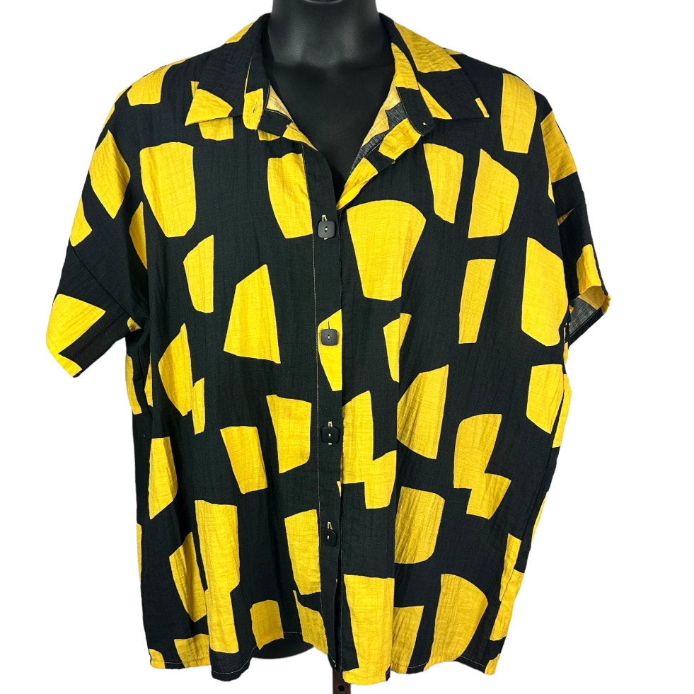 TRINE KRYGER SIMONSEN women's black yellow geometric button up top oversized XL