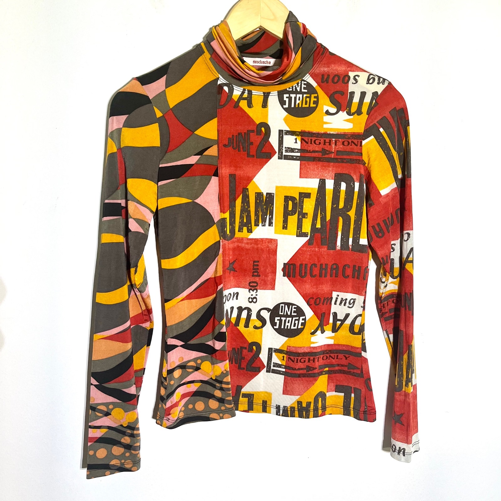 Muchacha Mock Neck Top Colorful Graphic Print Long Sleeve Stretch Small Japan