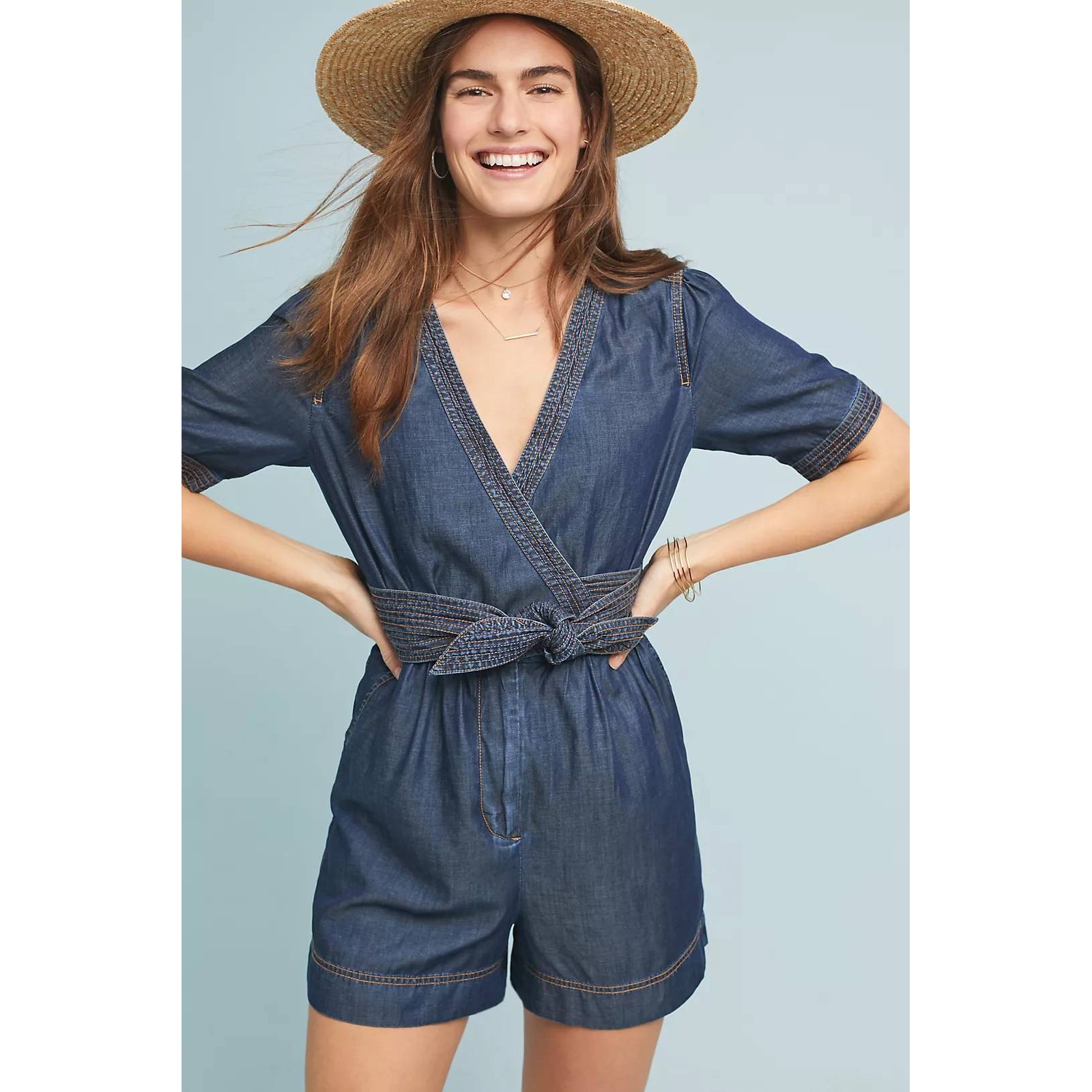 Pilcro Anthropologie Denim Romper Tie Waist Short Sleeve Blue Size 2