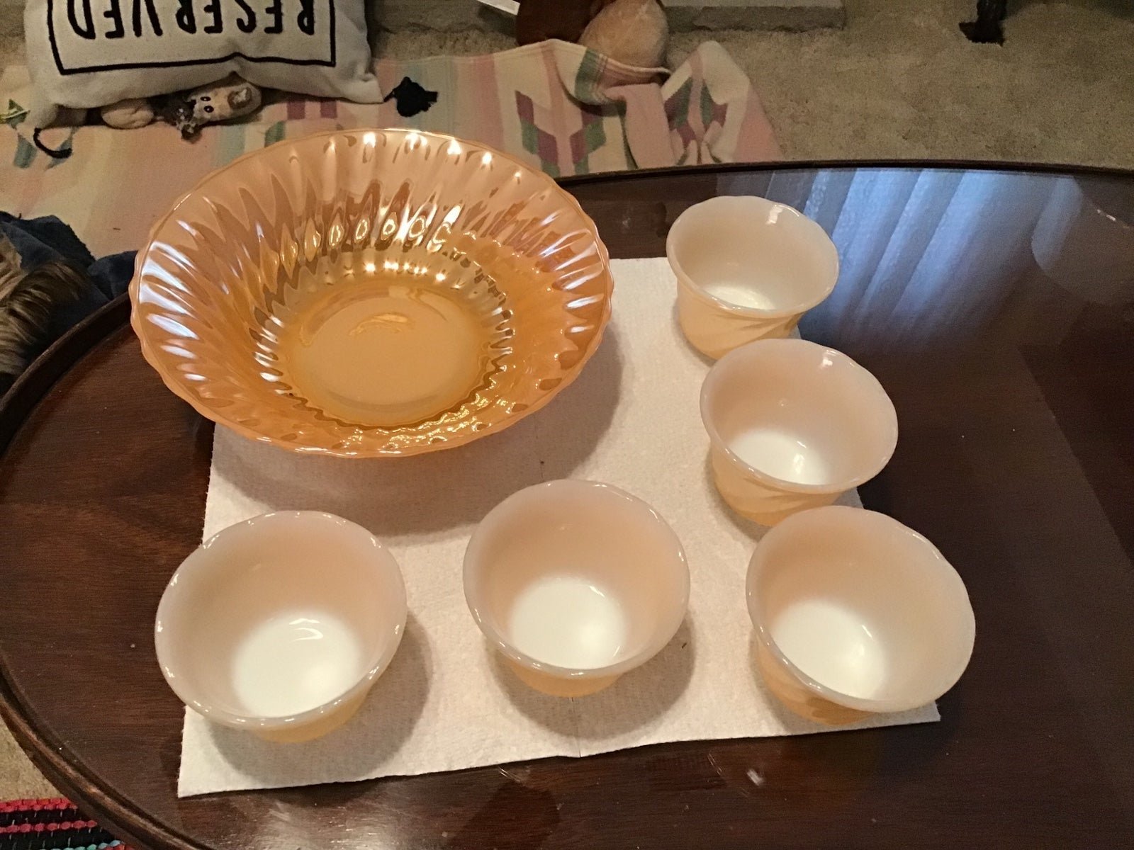 Vintage New Never Used Set of 6, Fire King Iridescent Peach Orange Serving Dish