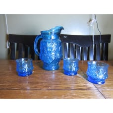Vintage Anchor Hocking Mid Century Large Pitcher & Three (3) LoBall Tumblers, Tu