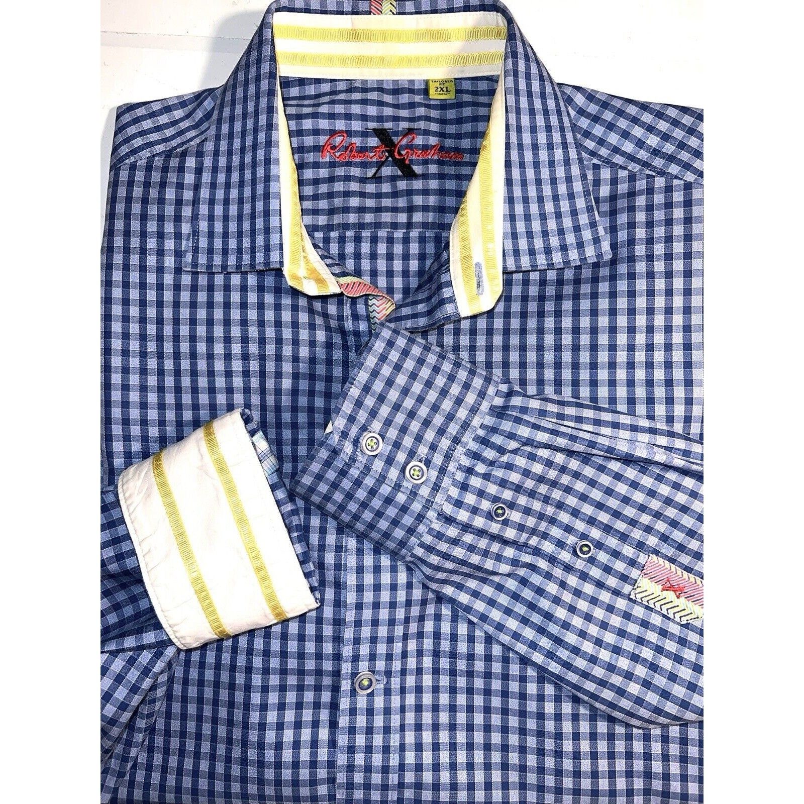 ROBERT GRAMHAM X BLUE CHECK SHIRT YELLOW RIBBON WHITE FLIP CUFF TAILORED FIT 2XL