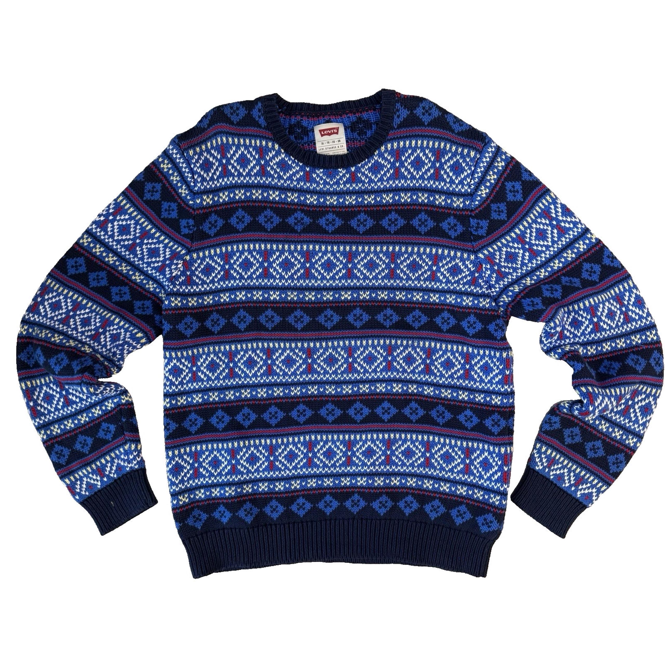 Levi's Men's Cotton Blend Holiday Blue Logo Crew Neck Sweater Size XL EUC