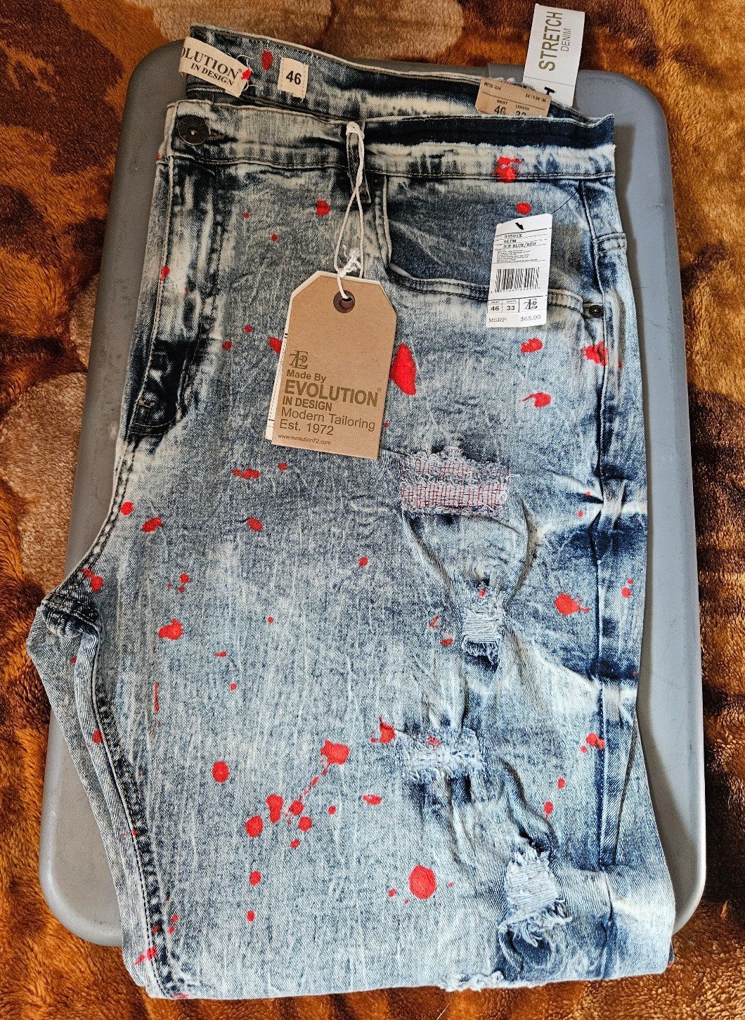 Men's Slim Stretch Jeans Made By Evolution Distress w/Paint Splatter Size 46x32