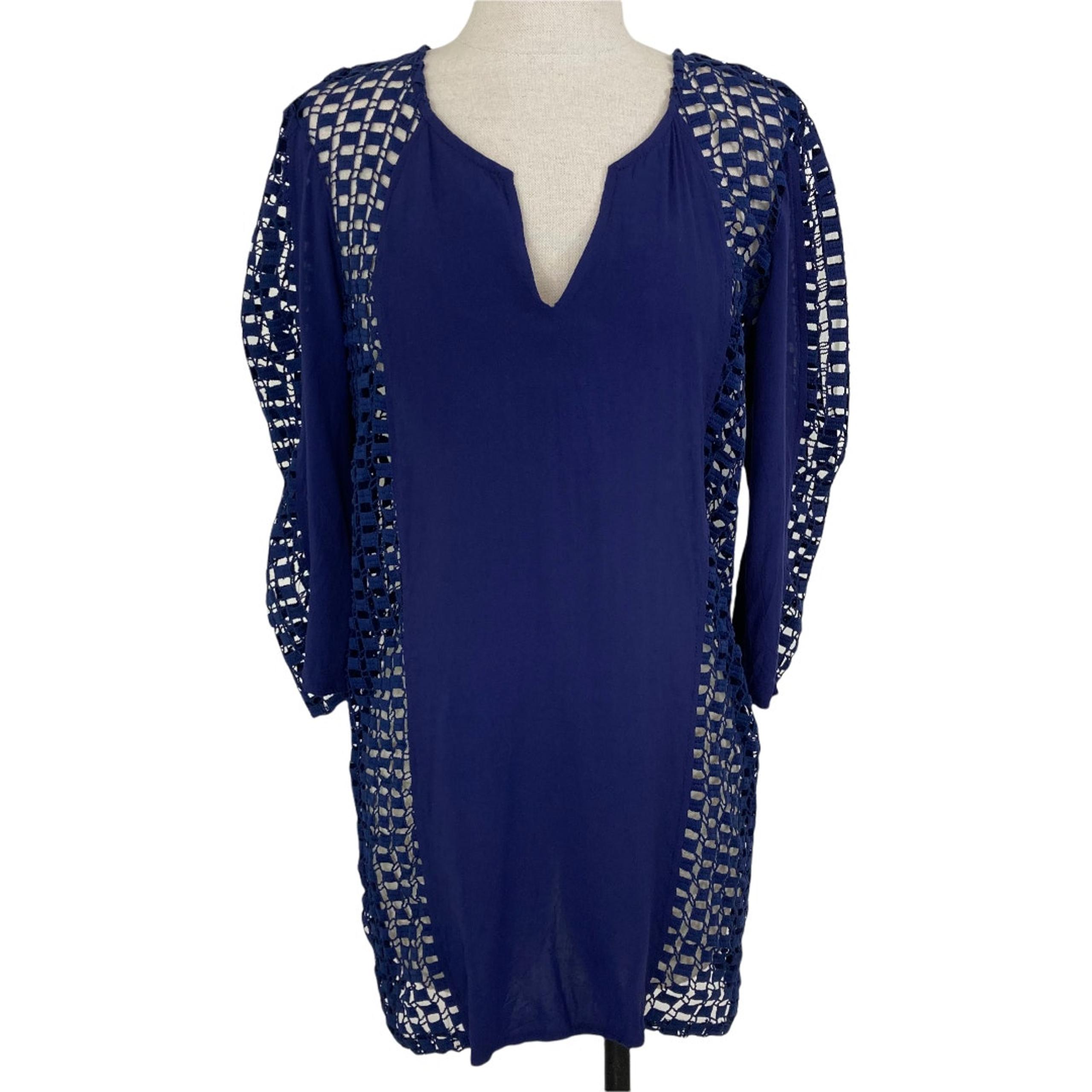 Solitaire swim beach cover-up tunic small navy open crochet sides & sleeves