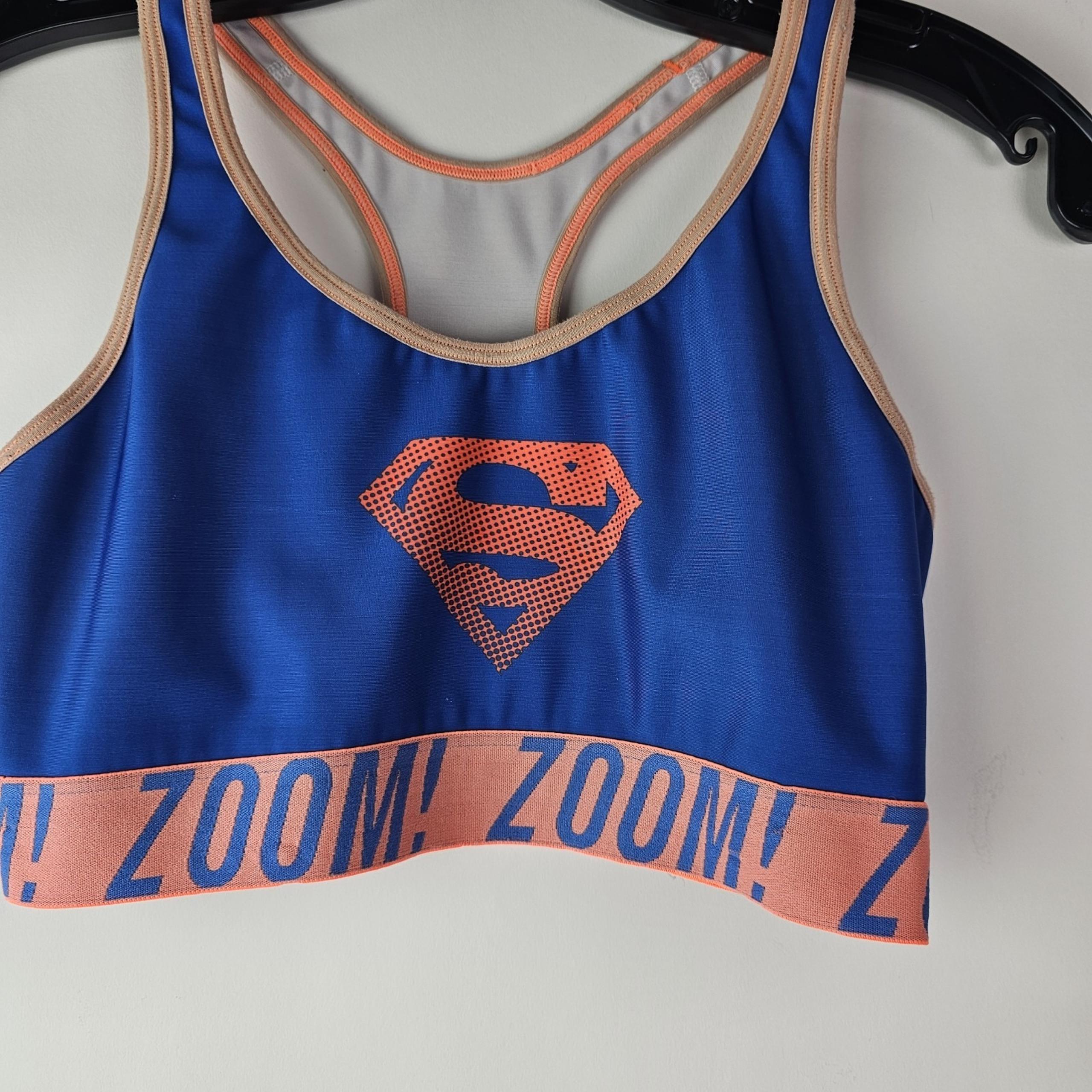 Under Armour Superman Superwoman Logo Blue Pink Sports Bra Small Workout Active