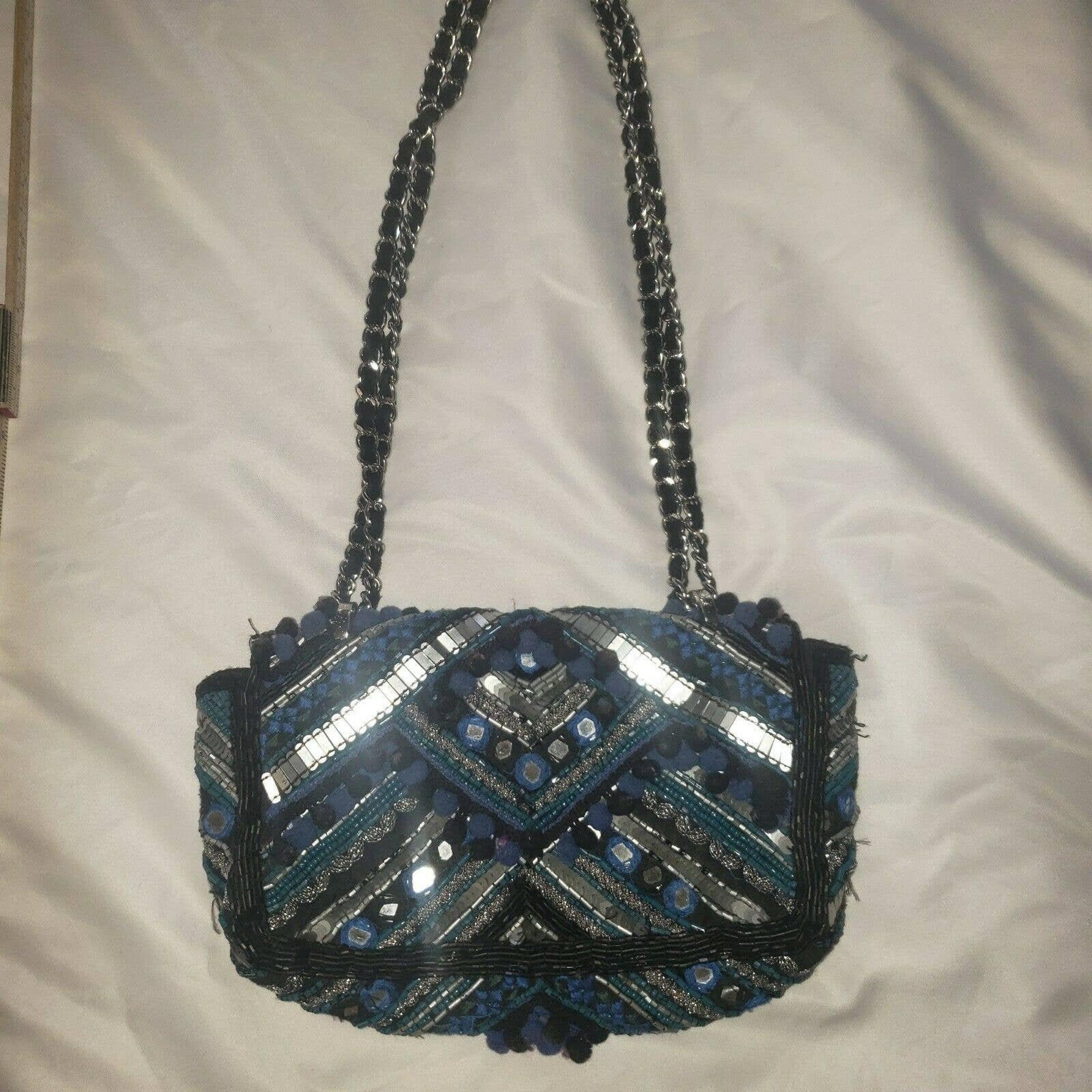 ZARA Women's Blue Beaded Sequin Crossbody Bag