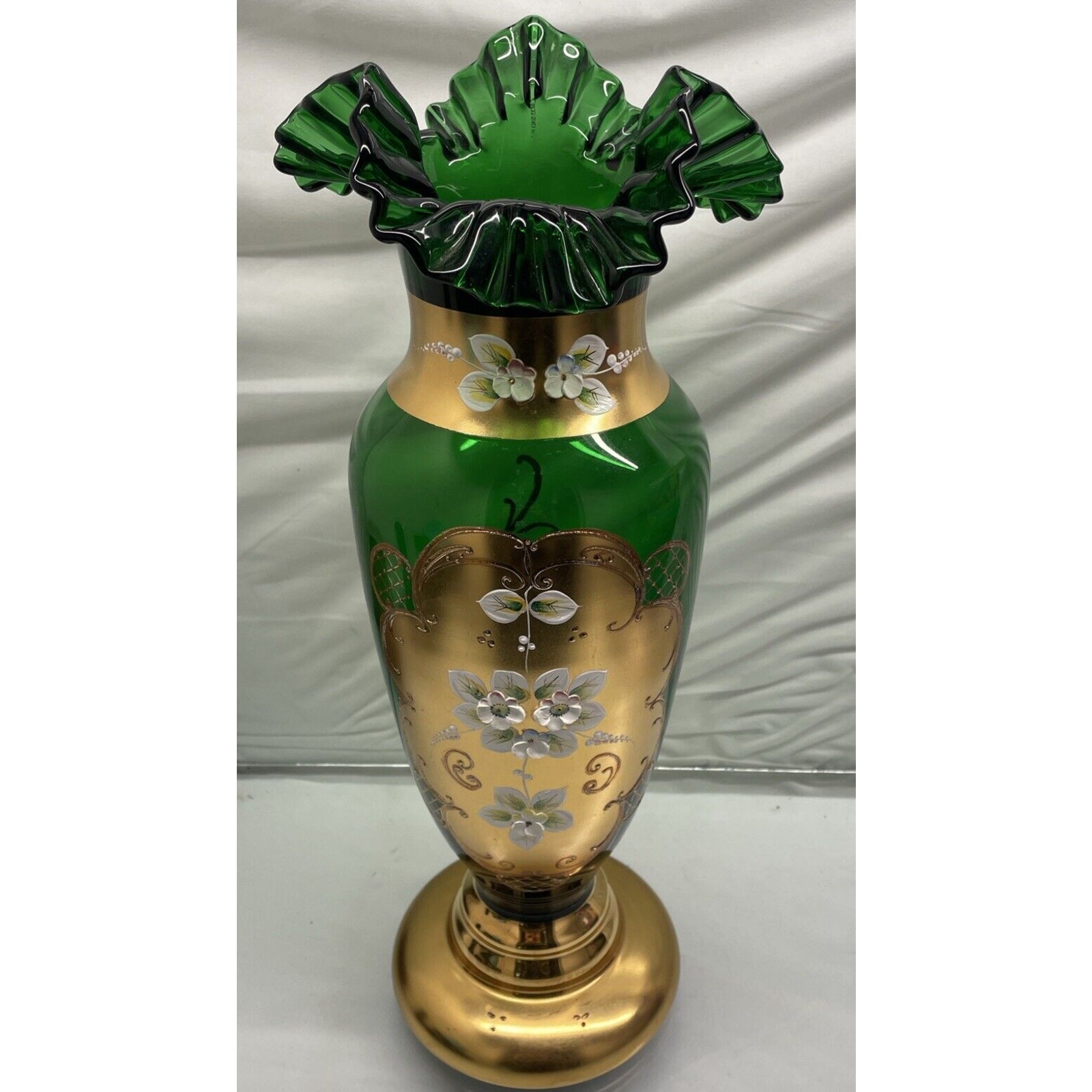 Bohemian Crystal Slavia Glassworks Vase w/ Gold Leaf Paint Ruffled Rim 16 x 5