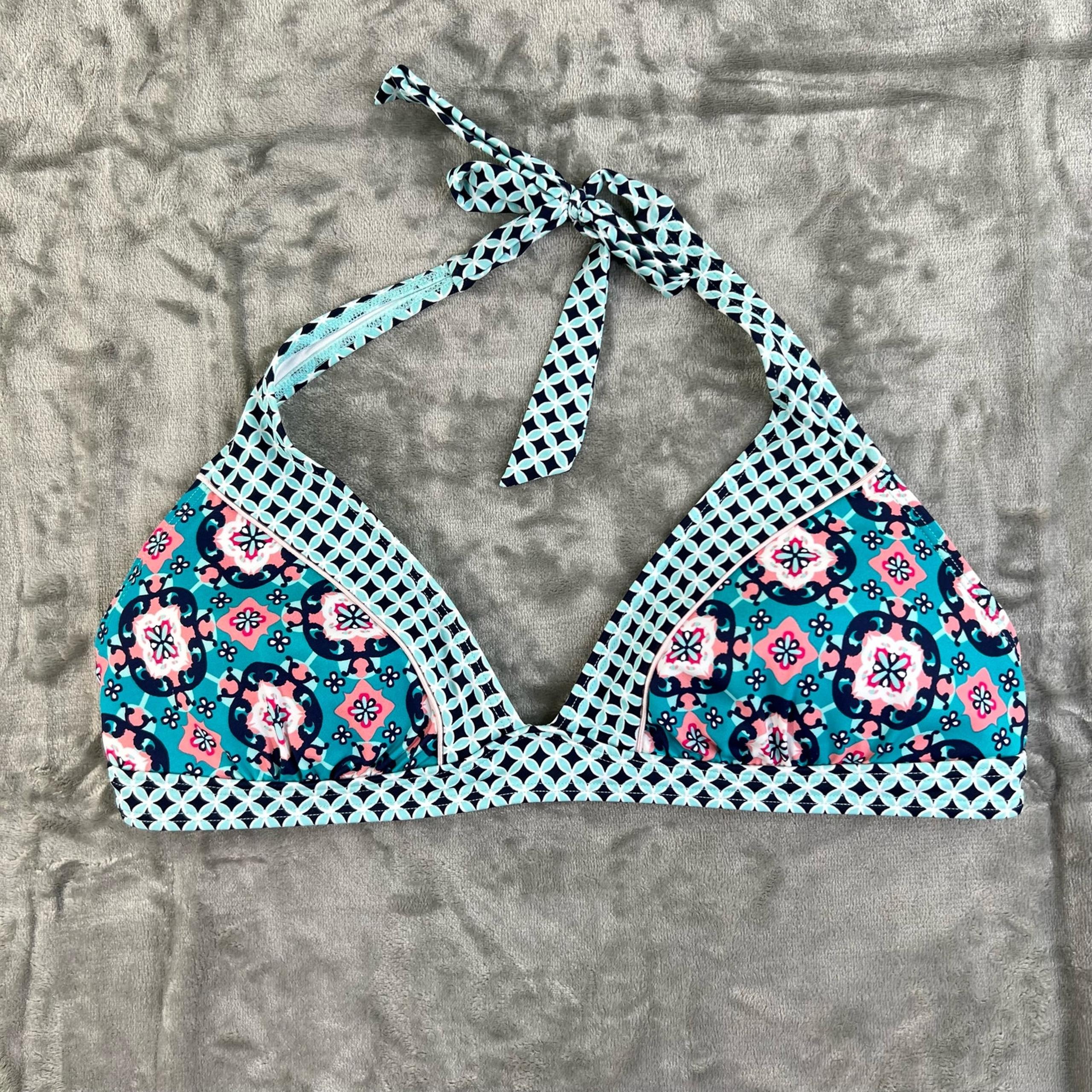 Adore Me Boho Triangle Bikini Top Womens Sz XL Blue + Pink Mixed Patterns Halter
