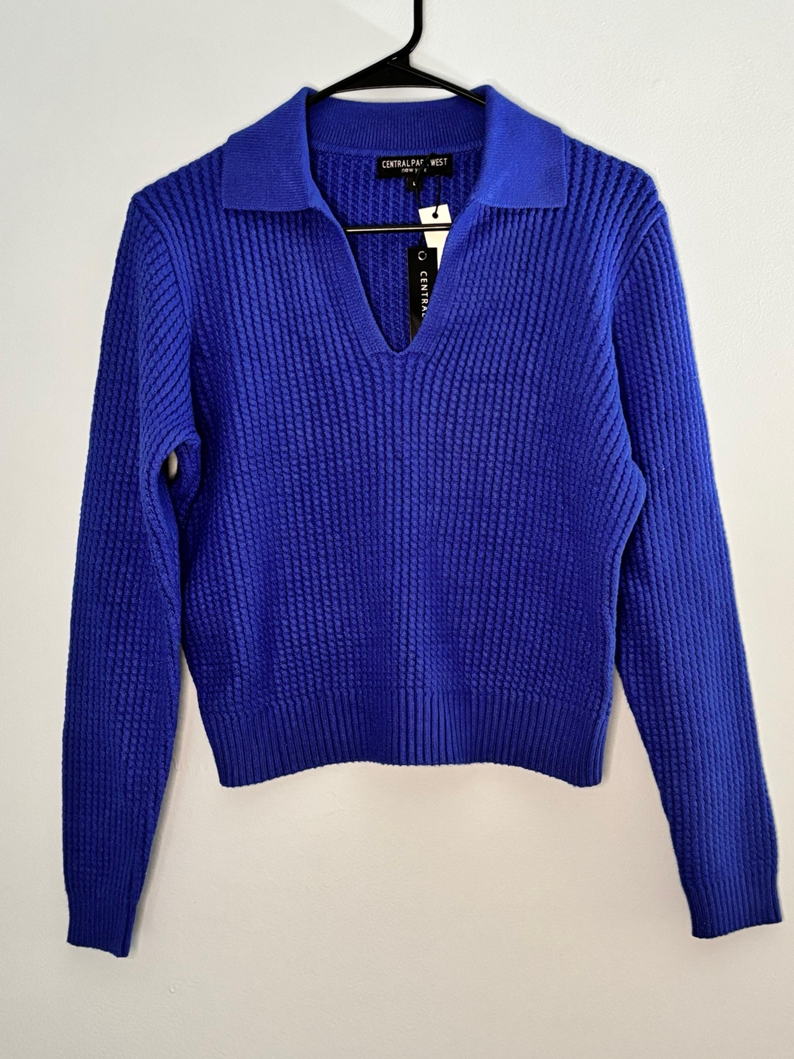 Central Park West Womens V Neck Collared Sweater Royal Blue Textured Size Large