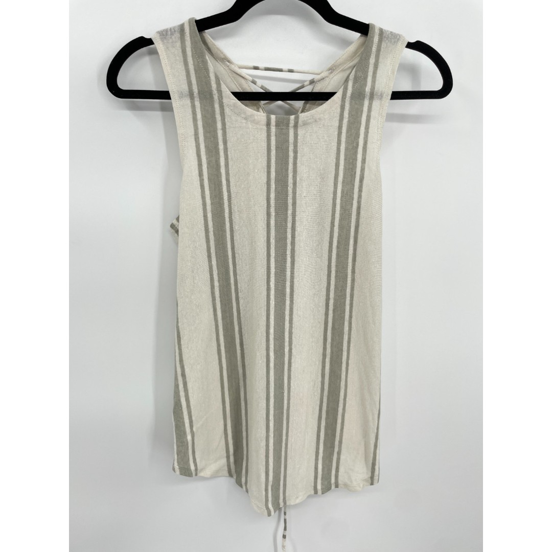 NWT CHASER Linen Blend Striped Cream Lace Back Tank Top Size M