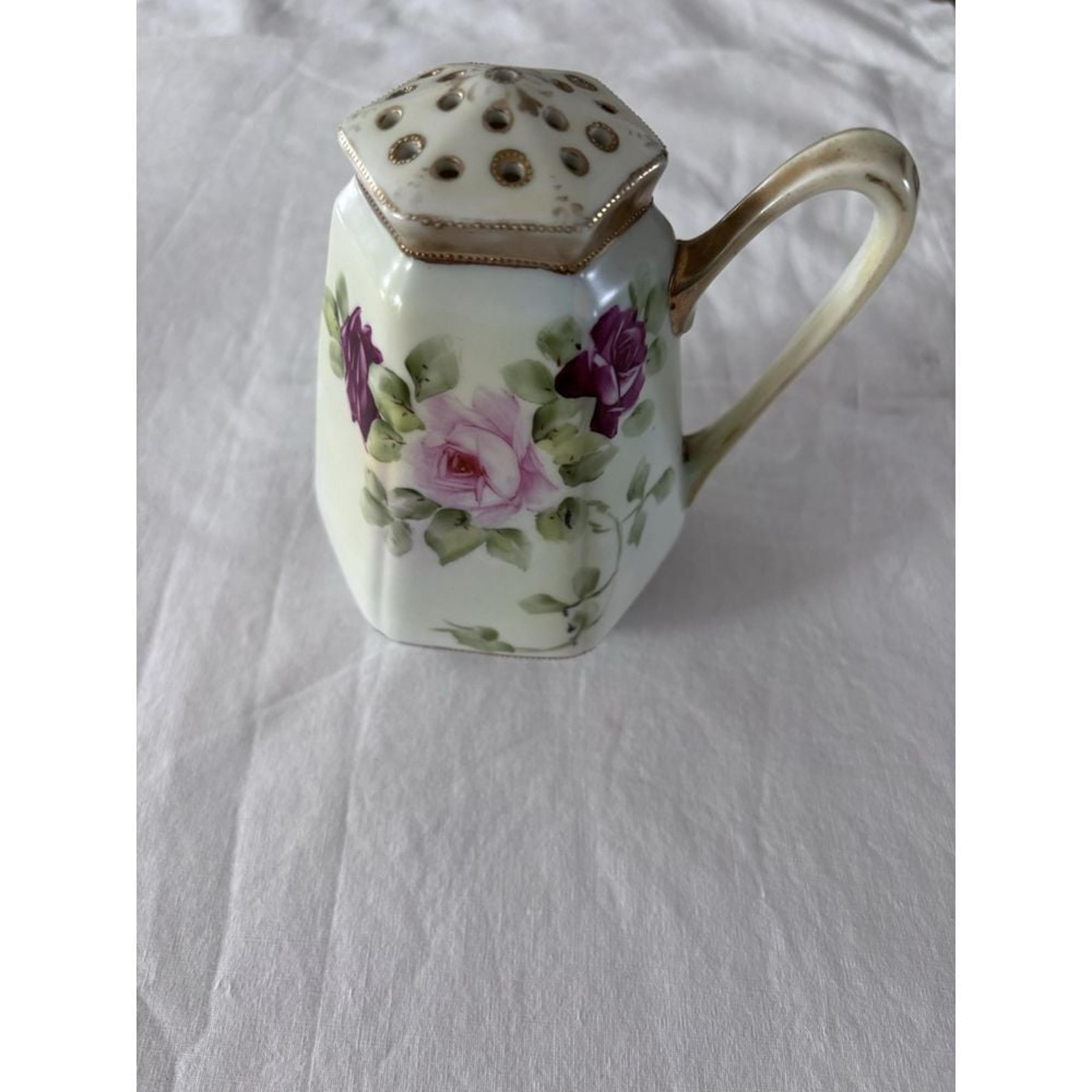 Antique Nippon Sugar Shaker Hat Pin Holder Gold Gilt Hand Painted Violets 5"