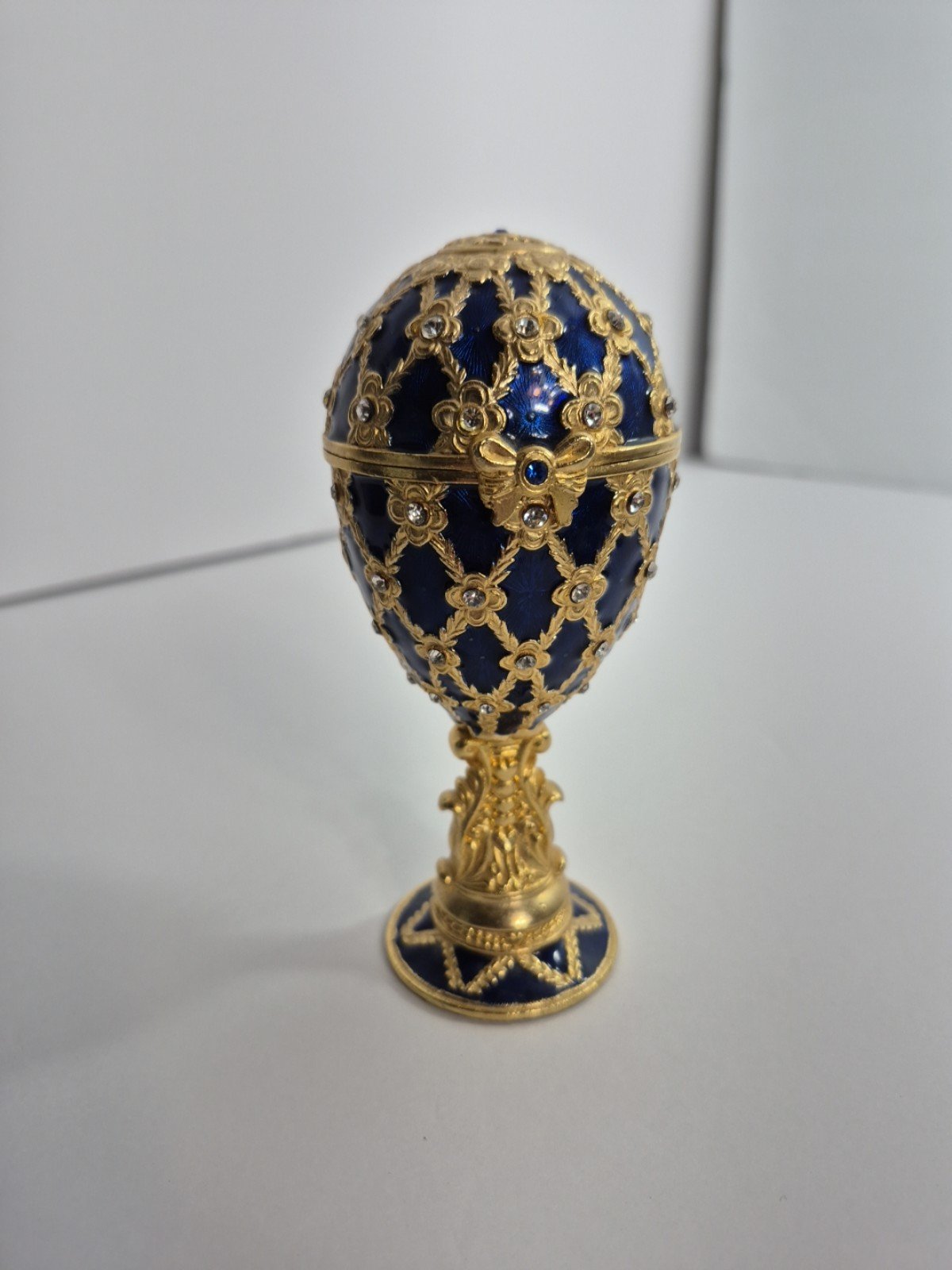Krischerco Imperial Egg Blue & Gold Enamel Jeweled Trinket Box Music Box SEE