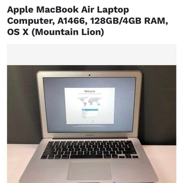 MacBook air laptop, A1466, 128GB/4GB RAM OSX Mountain Lion