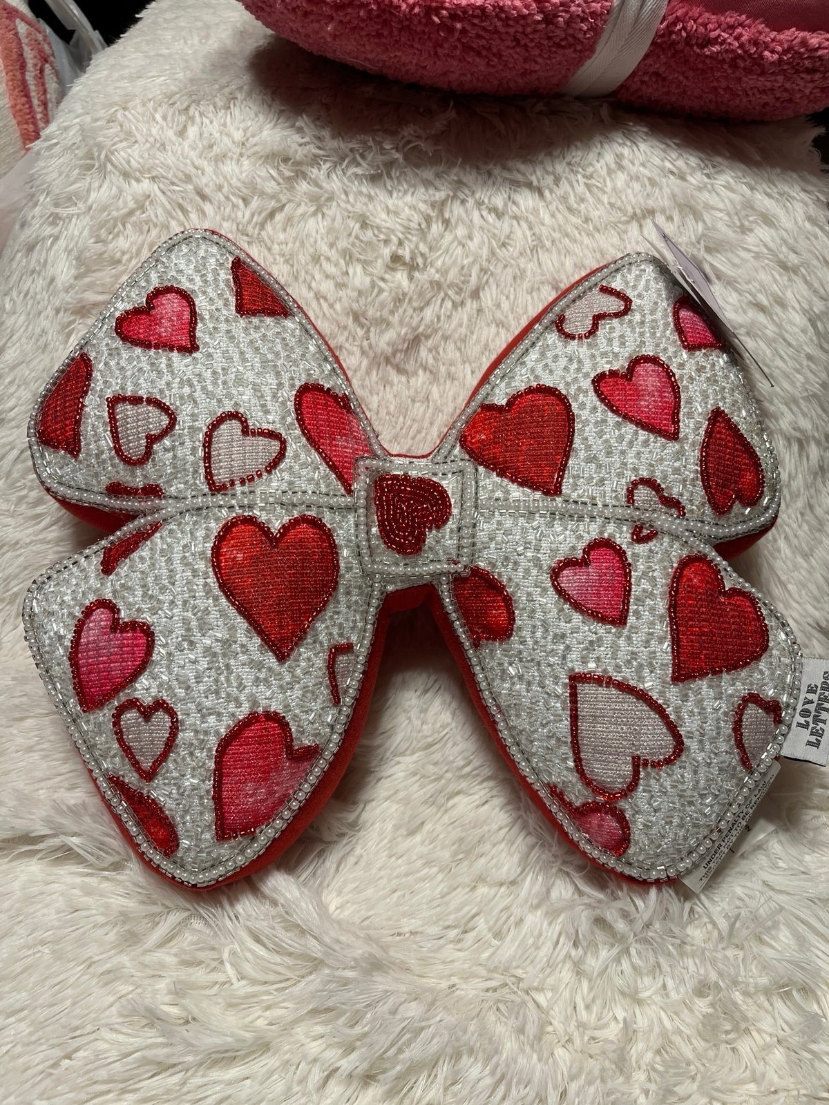 Bow Hearts Beaded Valentine Bow Pillow
