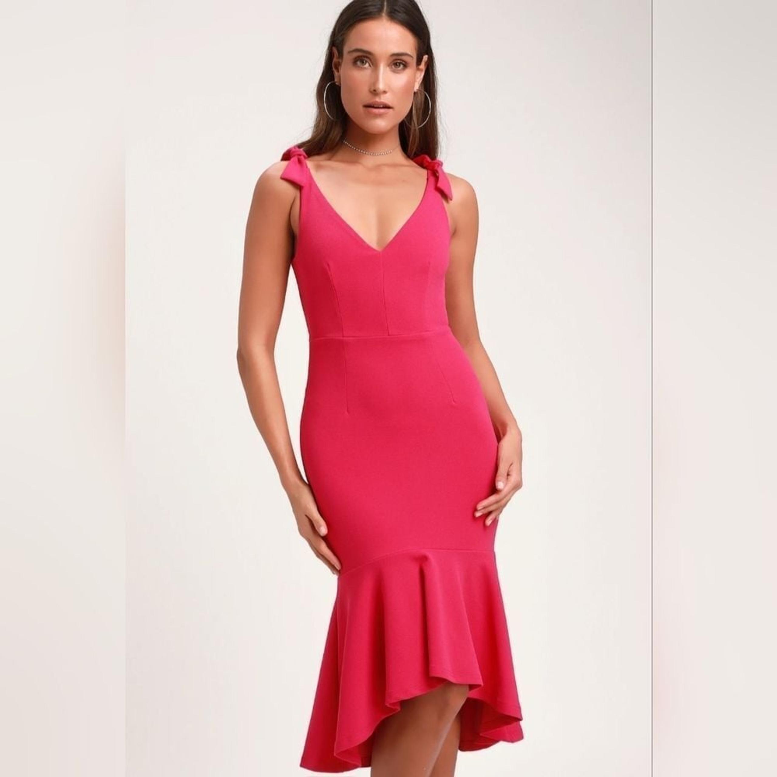 Lulus Want You to Want Me Fuchsia Trumpet Hem Bodycon Midi Dress Womens Size XS
