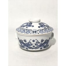 Vintage 1970s Blue & White Porcelain Chinese Lidded Dish w/ Fu Dog Dragons. 5”x4