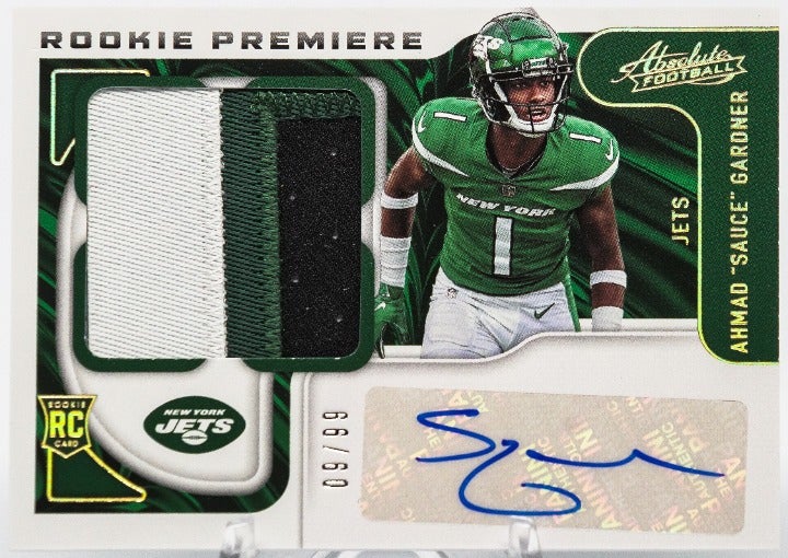 2022 Panini Absolute Ahmad Sauce Gardner Rookie 3 color Patch Auto RPA RC /99 SP