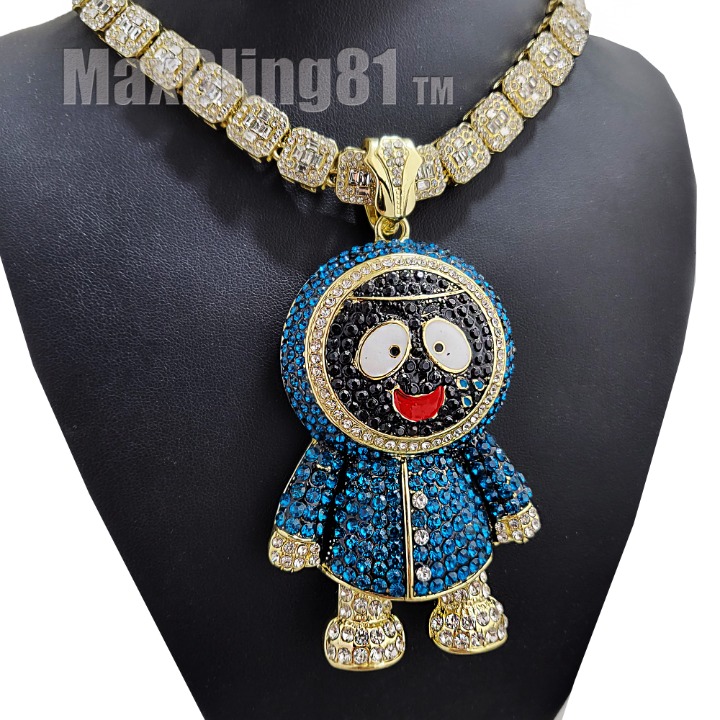Gold PT BRICK SQUAD ESKIMO Pendant & 12mm 20 Iced Baguette Stone Chain Necklace