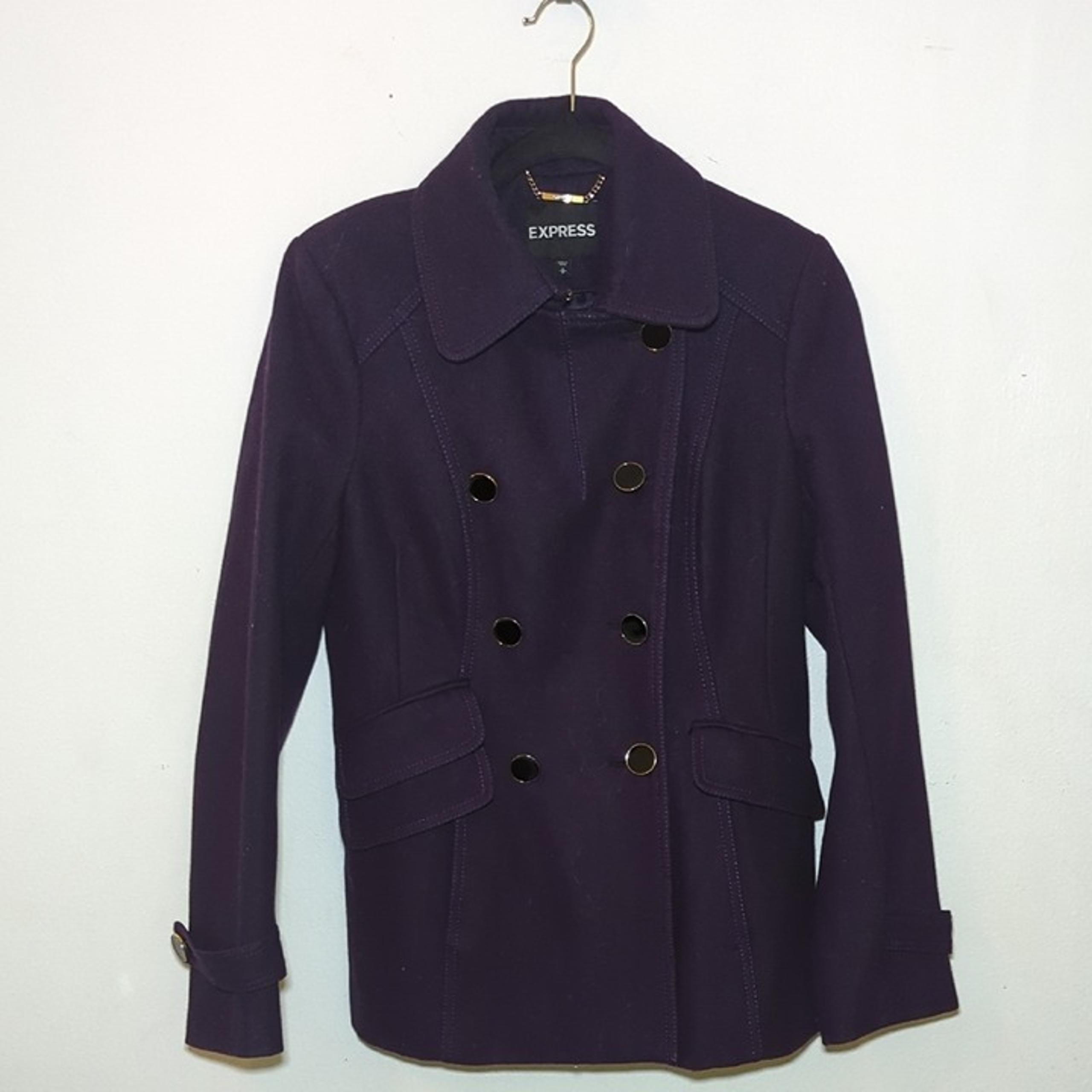 Express Purple Wool-Blend Pea Coat with Black + Gold Buttons Women's Size S