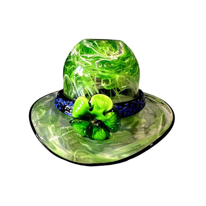 Murano Art Glass Green Hat With Blue Embossed Band Green Flower Ann Primrose