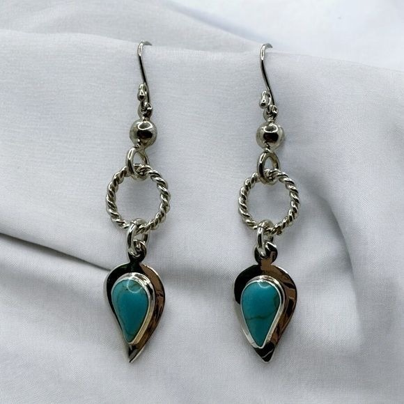 Raful Cano Sterling Silver Turquoise Drop Earrings Rope Bead Dangle .925 Mexico