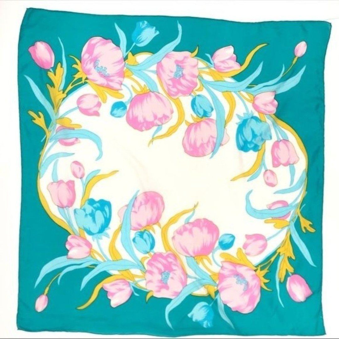 Vintage Scarf Floral Bright Tulips Square Spring Easter‎ Mothers Day Gift Retro