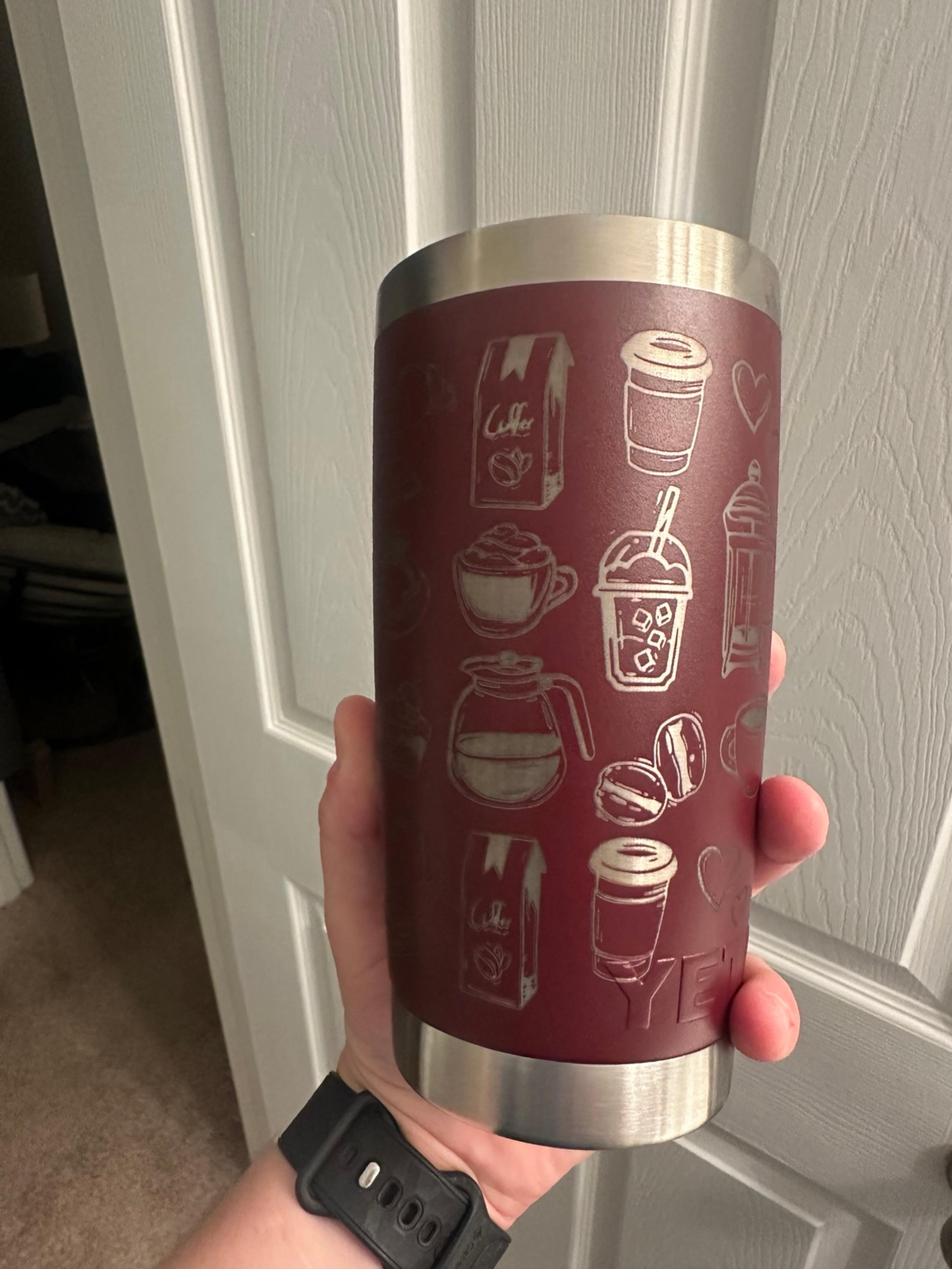YETI 20oz Coffee Themed Tumbler Vine Red- Error Engraving, Mis-Engraved