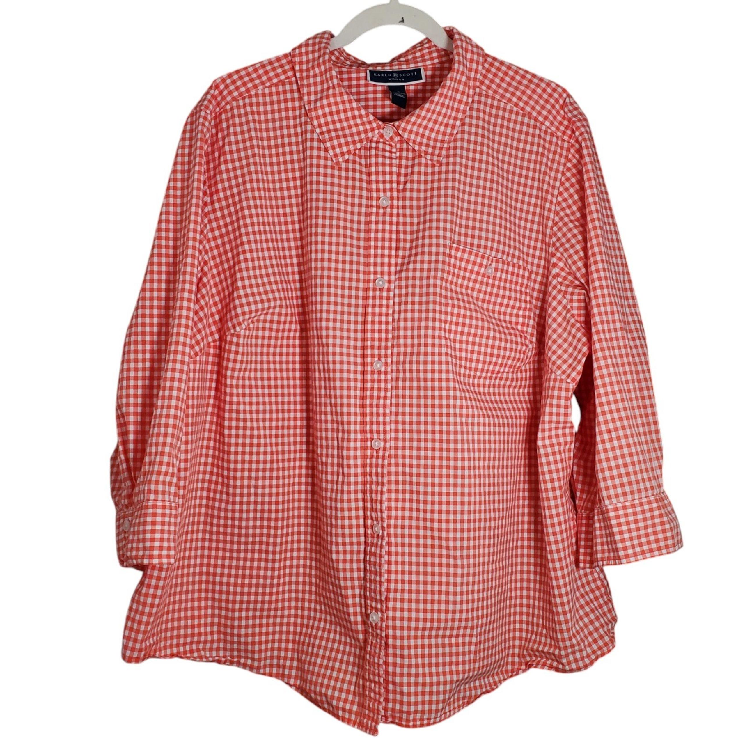 Womens 100% Cotton Plus 3X Coral Gingham 3/4 Sleeve Pocket Button Down Top