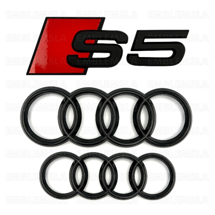 Audi S5 Sportback Front Rear Curve Rings Emblem Gloss Black Logo Badge Set 2020-