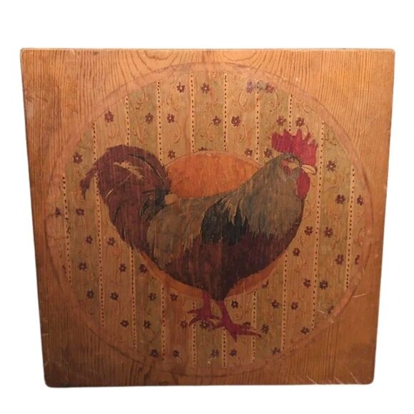 1982 Folk Art Rooster Hand Painted on Wood - Rustic Farmhouse
