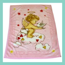 ❤️Vtg Pink Baby Cherub Angel on Clouds Kissing Bird Throw Crib Blanket 37”x52”❤️