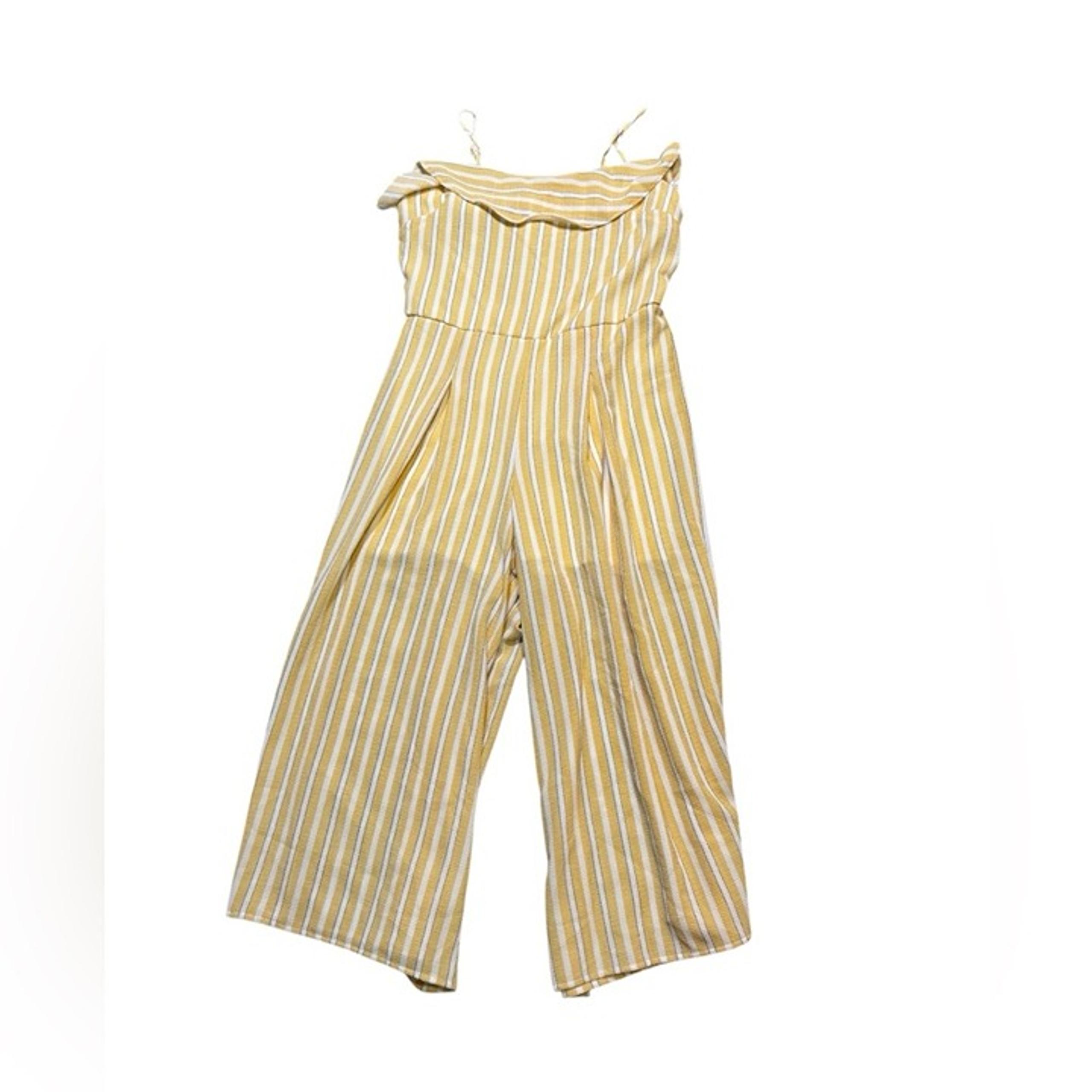 Altard State Jumpsuit Romper M Yellow White Striped Wide Leg Pants Ruffle Summer