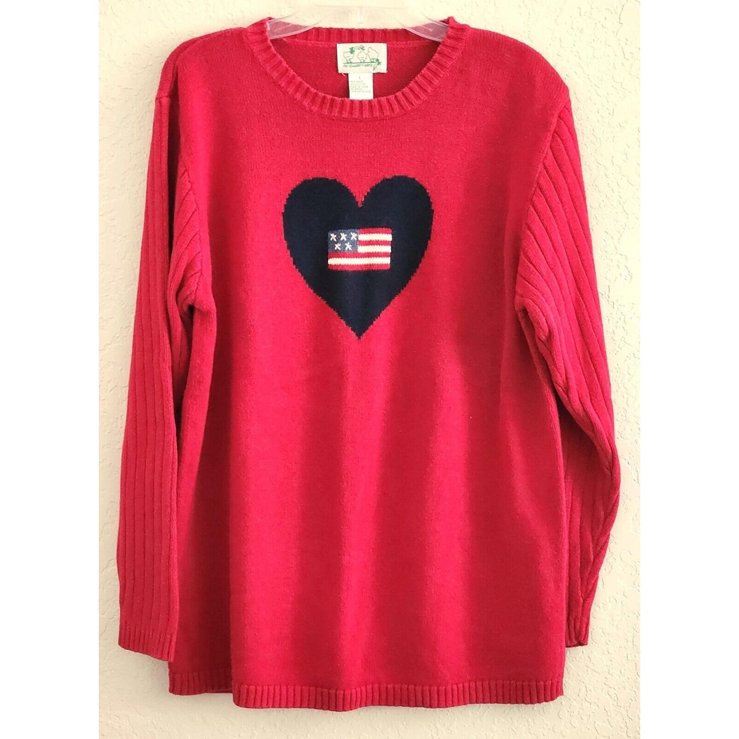 SWEATER-QUACKER FACTORY-Bright Red-Heart & Flag on Front & Back-Long Sleeves-Lrg