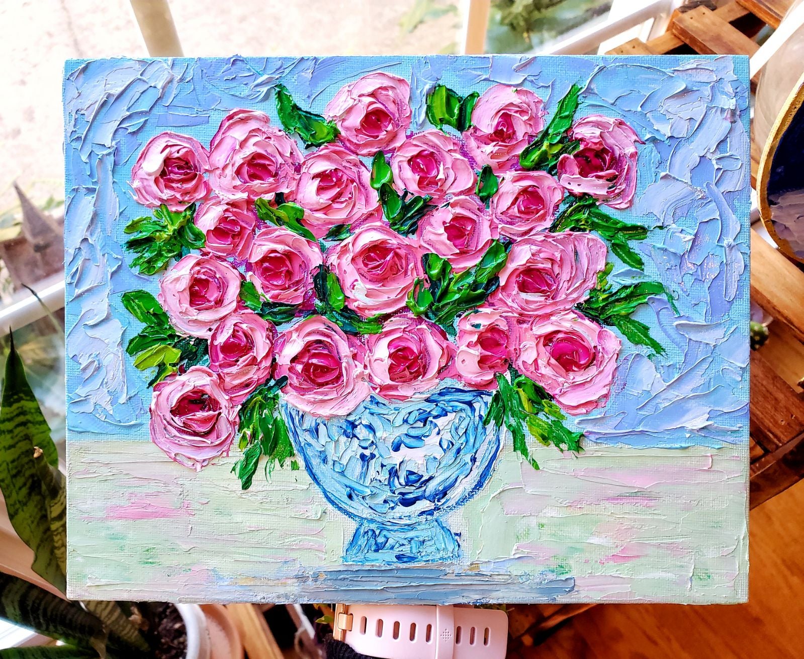 SOLD Orginal Painting & Artwork. Pink Roses in Chinoiserie Vase