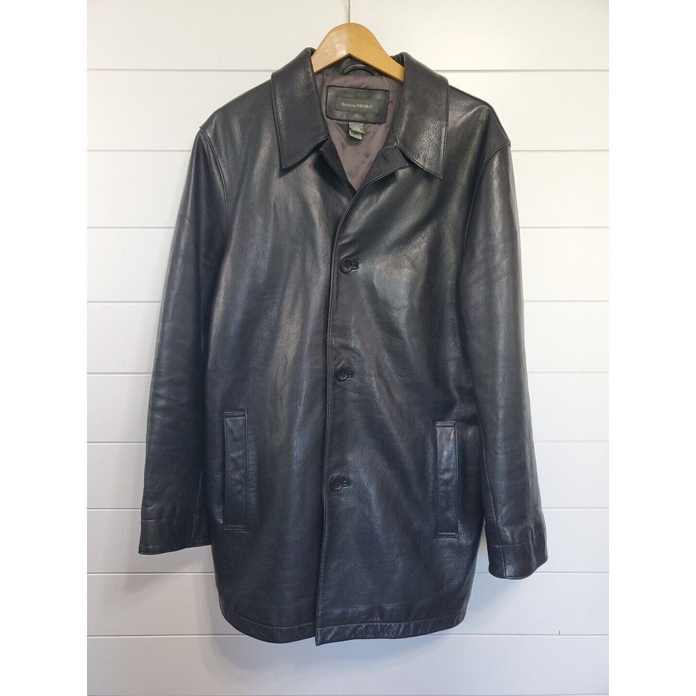 Banana Republic Men's Genuine Leather 90s Trench Jacket Coat Size L Black Angel